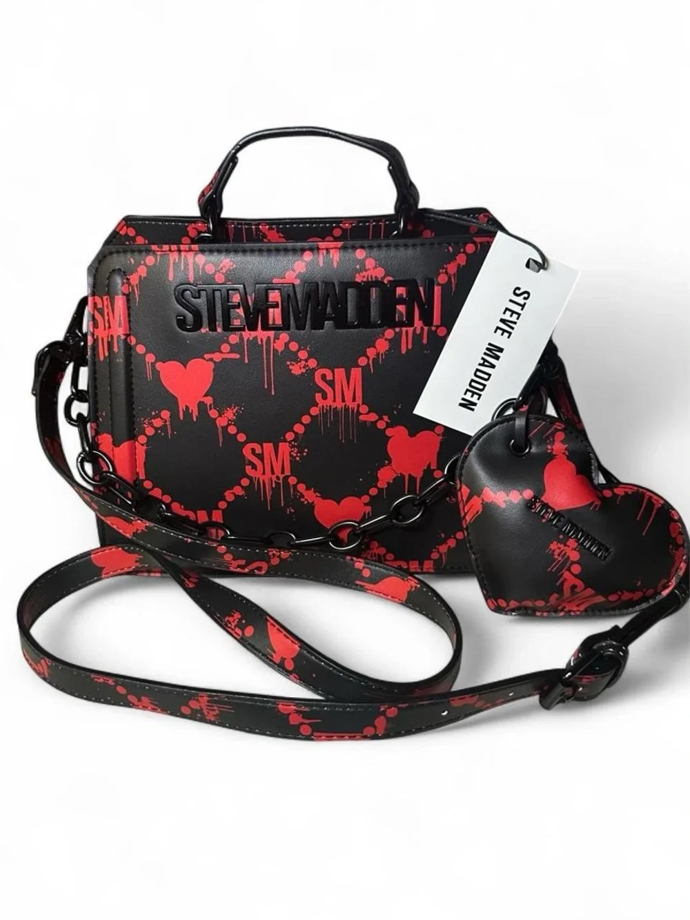 Steve Madden Black & Red Bleeding Hearts Bevlyn Satchel, Halloween Edition